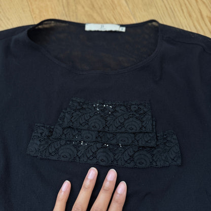 Vintage Euro Lace Mesh Top Rhinestone Sheer Y2K Long Sleeve (S/M)