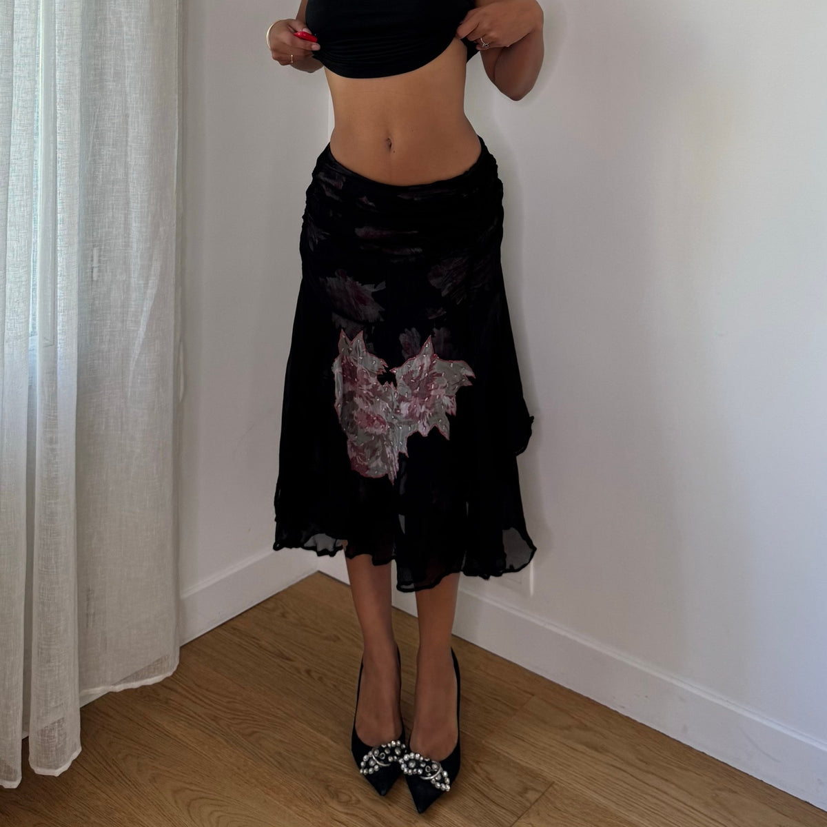 Vintage Derhy Floral Beaded Mesh Skirt (XS/S)