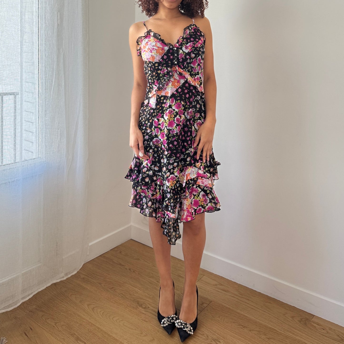 Vintage Italian Patchwork Floral Mesh Dress with Ruffle Hem (M)