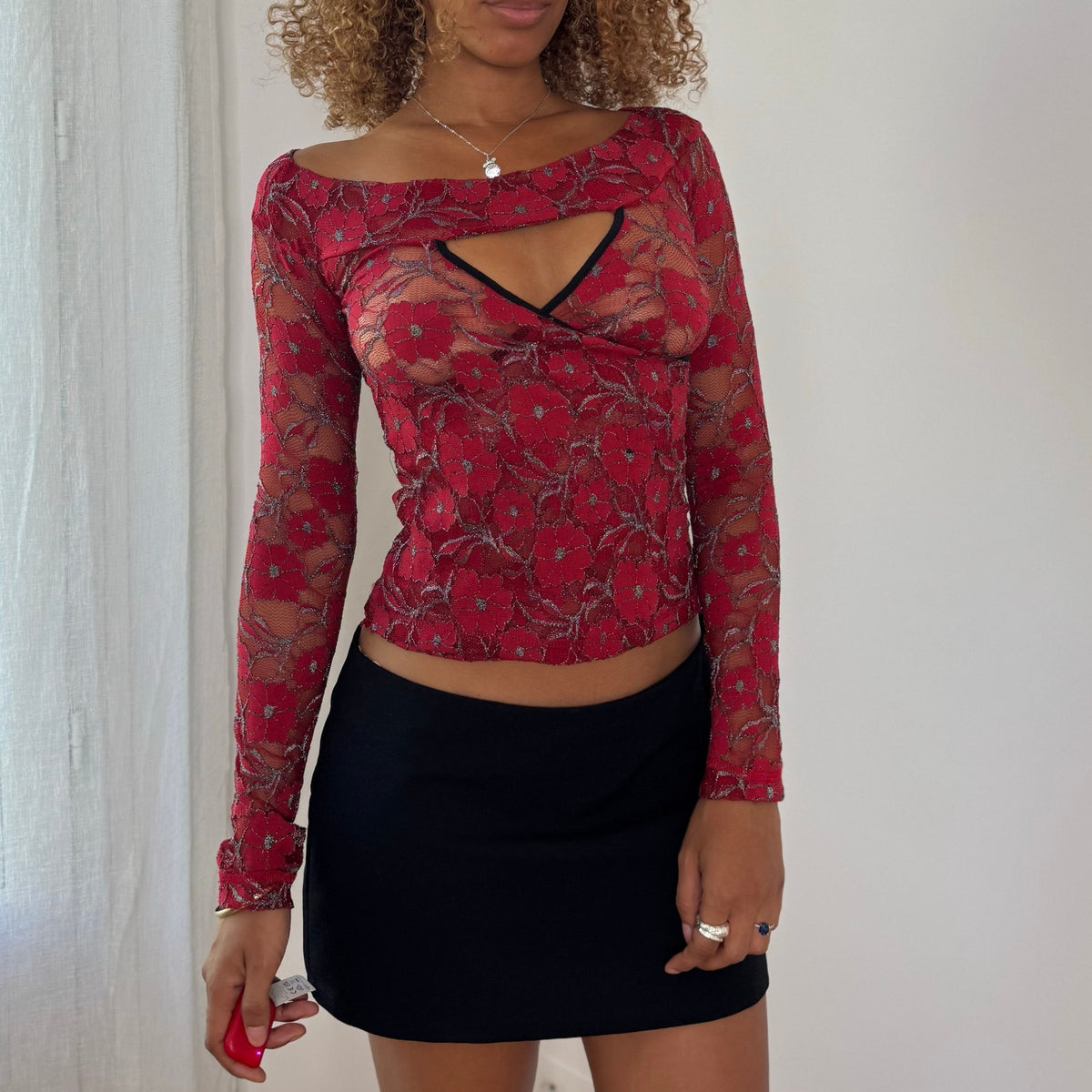 Vintage Italian Red Floral Lace Cutout Long Sleeve Top (S)
