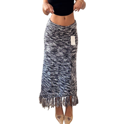 Vintage Grey Marled Knit Midi Skirt Fringe Hem Wool Cotton Deadstock (S)