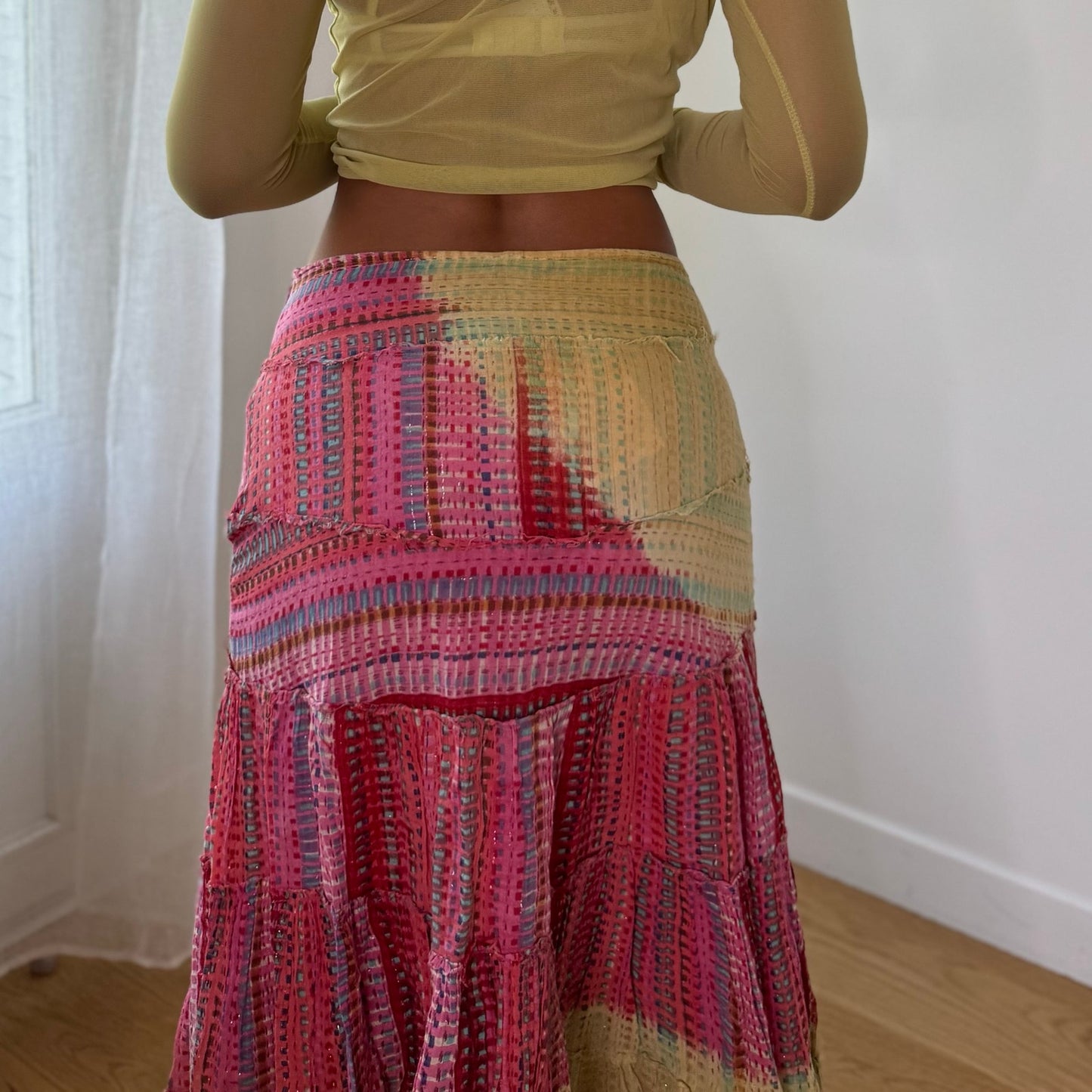 Vintage Yellow Pink Patchwork Handkerchief Maxi Skirt Italian Deadstock (S)