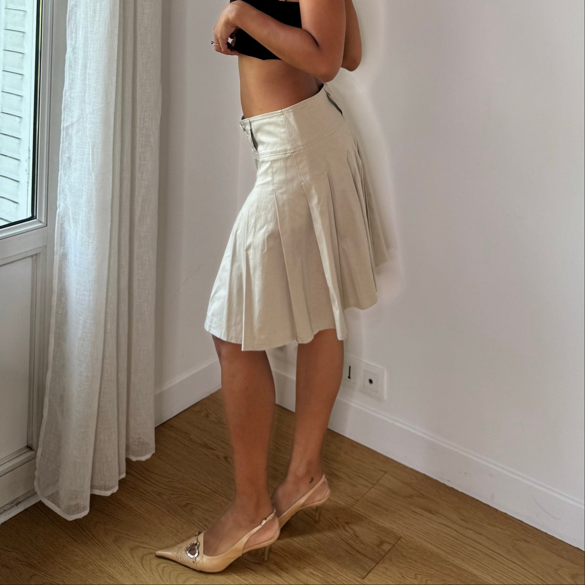 Vintage Italian Cream Pleated Midi Skirt (S)