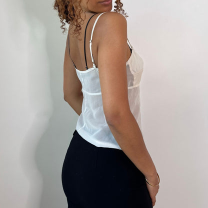 Vintage White Sheer Mesh Lace Ruched Cami Top Y2K (S)
