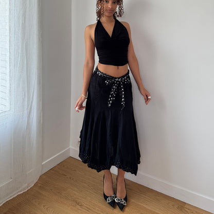 Vintage Black Cotton Eyelet Midi Skirt Polka Dot Bow Y2K French (S)