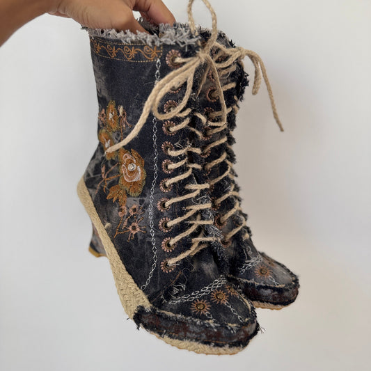 Vintage Denim Embroidered Lace-Up Wedge Boots Frayed Detail (EU 38 / US 8)