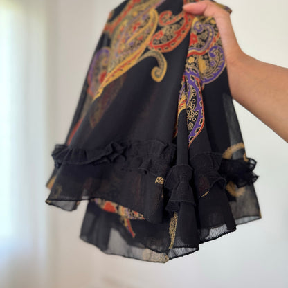 Vintage Black Paisley Mesh Midi Skirt Sheer Double Layer Italian Y2K (S)