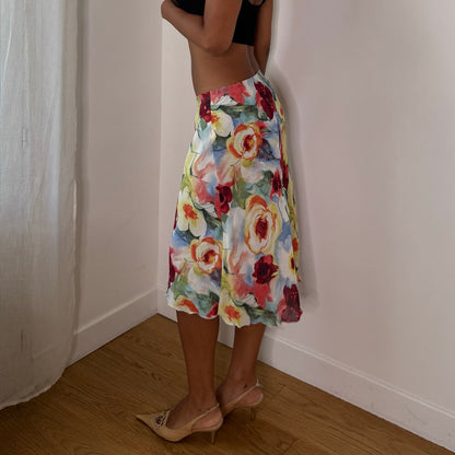 European vintage floral print mesh midi skirt with ruffled hem
