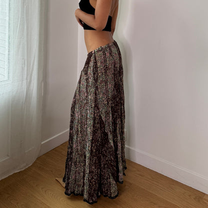 Vintage Brown Micro Floral Mesh Maxi Skirt Lace Hem Italian Y2K Skirt (S) ⠀