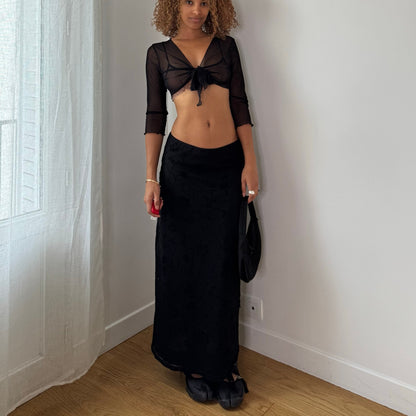 Vintage Black Sheer Mesh Tie Front Shrug Bolero Top Italian Y2K (S)