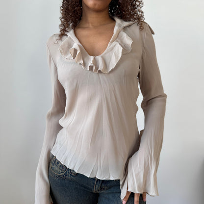 Vintage Italian Beige Sheer Mesh Ruffle Long Sleeve Top (Medium)