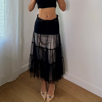 Vintage Black Tiered Sheer Mesh Denim Waist Maxi Skirt (S)