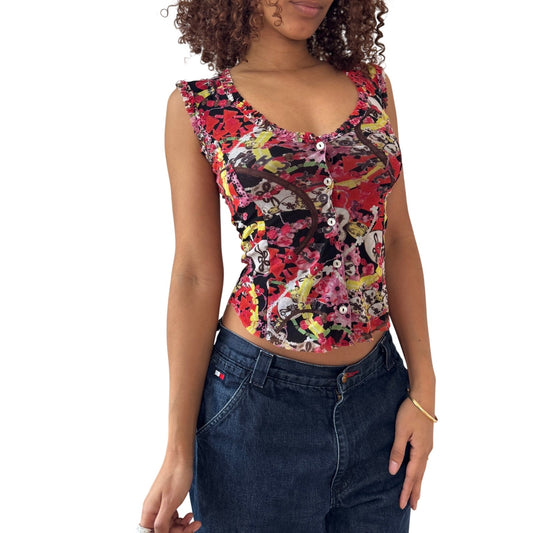 Vintage Multicolor Abstract Floral Mesh Button Front Tank Top Sheer Italy Y2K (S)