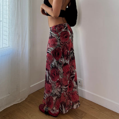 Vintage Red Rose Mesh Maxi Skirt Italy Y2K (S)
