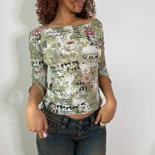 Vintage Sage Green Pink Floral Graphic Mesh Long Sleeve Top Y2K (S/M)