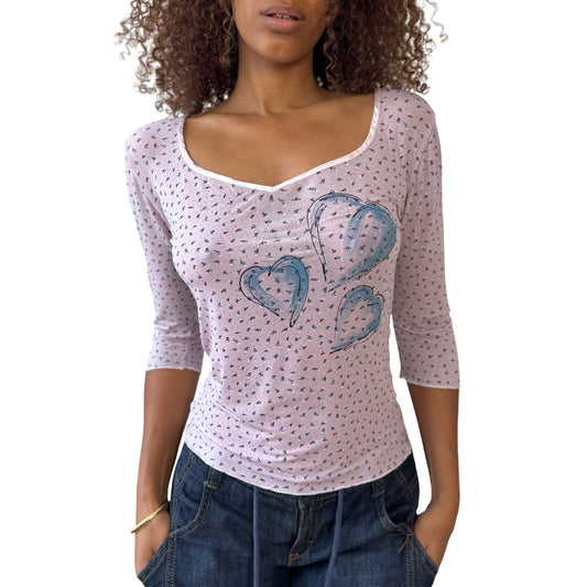 Italian Made Slinky Heart Print 3/4-Sleeve Top (Small)