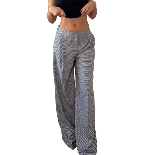 Vintage Blue White Houndstooth Wide Leg Trousers Mid Rise Italy Y2K (S)