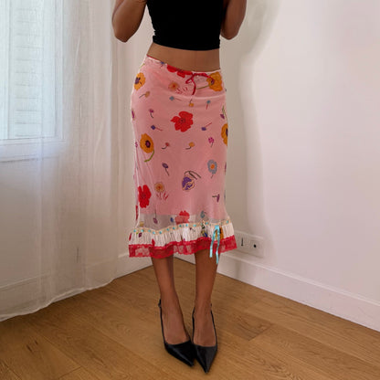 Twin-Set Italian Vintage Pink Red Floral 100% Silk Mesh Midi Skirt with Lace Ruffle Hem