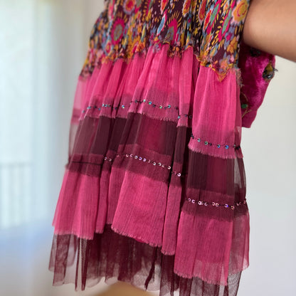 Vintage Extyn Pink Patchwork Mesh Midi Skirt Embroidered Ruffle Italian Y2K (S)