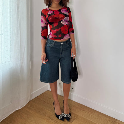 Vintage Italian Floral Mesh Top Deadstock Y2K Sequin Appliqué Top (S) ⠀