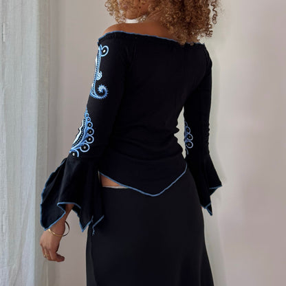 Vintage Black Blue & White Off Shoulder Bell Sleeve Cotton Top Italian Y2K (S)