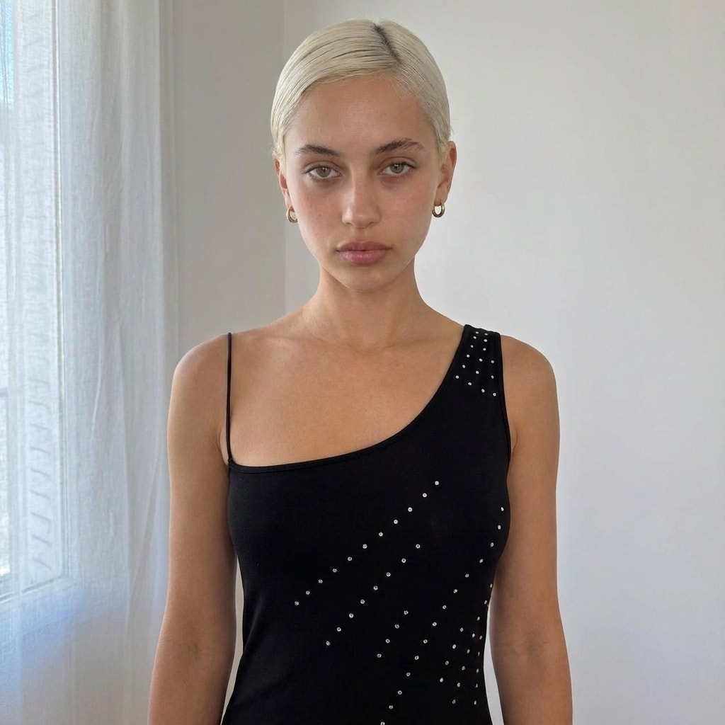Vintage Italian Black Rhinestone Asymmetrical Midi Dress (S)