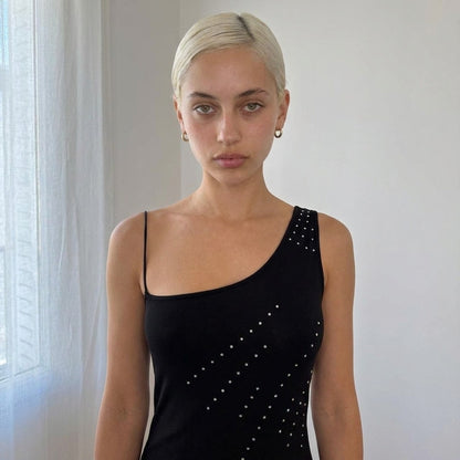 Vintage Italian Black Rhinestone Asymmetrical Midi Dress (S)