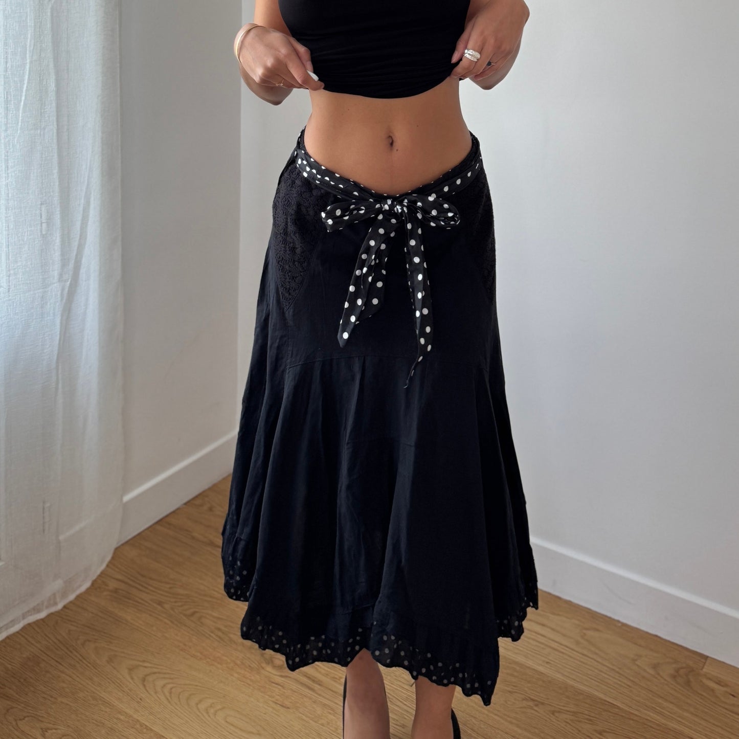 Vintage Black Cotton Eyelet Midi Skirt Polka Dot Bow Y2K French (S)