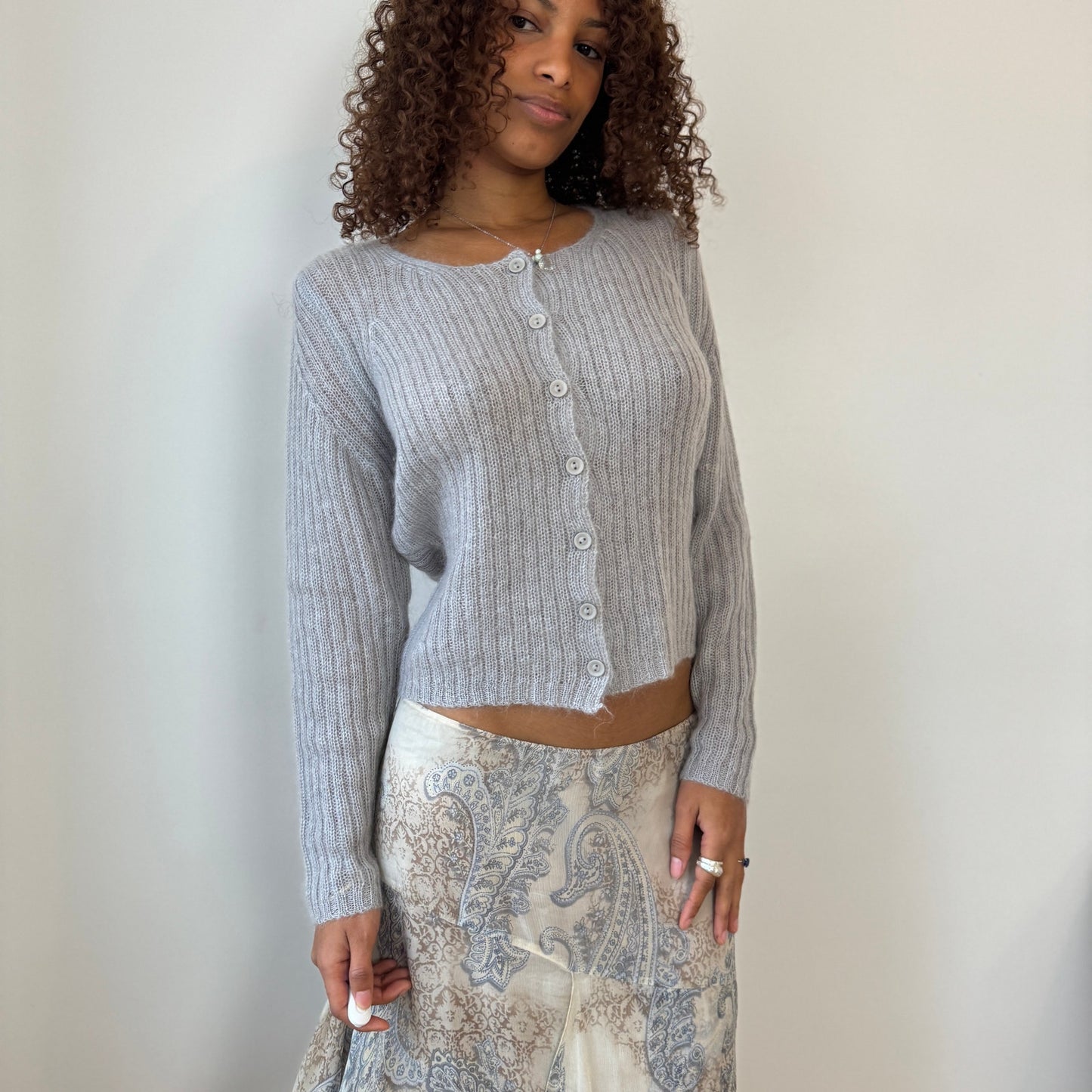 Italian Vintage light grey ribbed mohair-blend knit button-front cardigan (Medium)