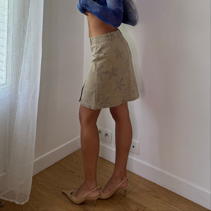 Vintage Beige Floral Embroidered Cotton Mini Skirt Italian Y2K (S)