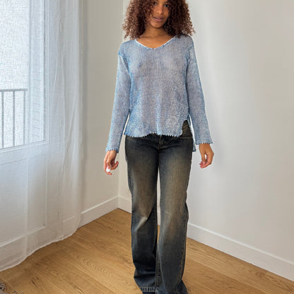 Vintage Italian 00s Blue Linen Knit Long Sleeve Top (Medium)