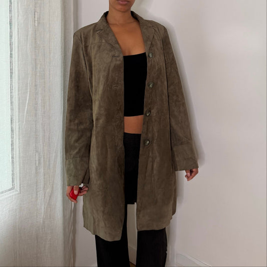Euro vintage khaki olive genuine suede leather longline coat with button front
