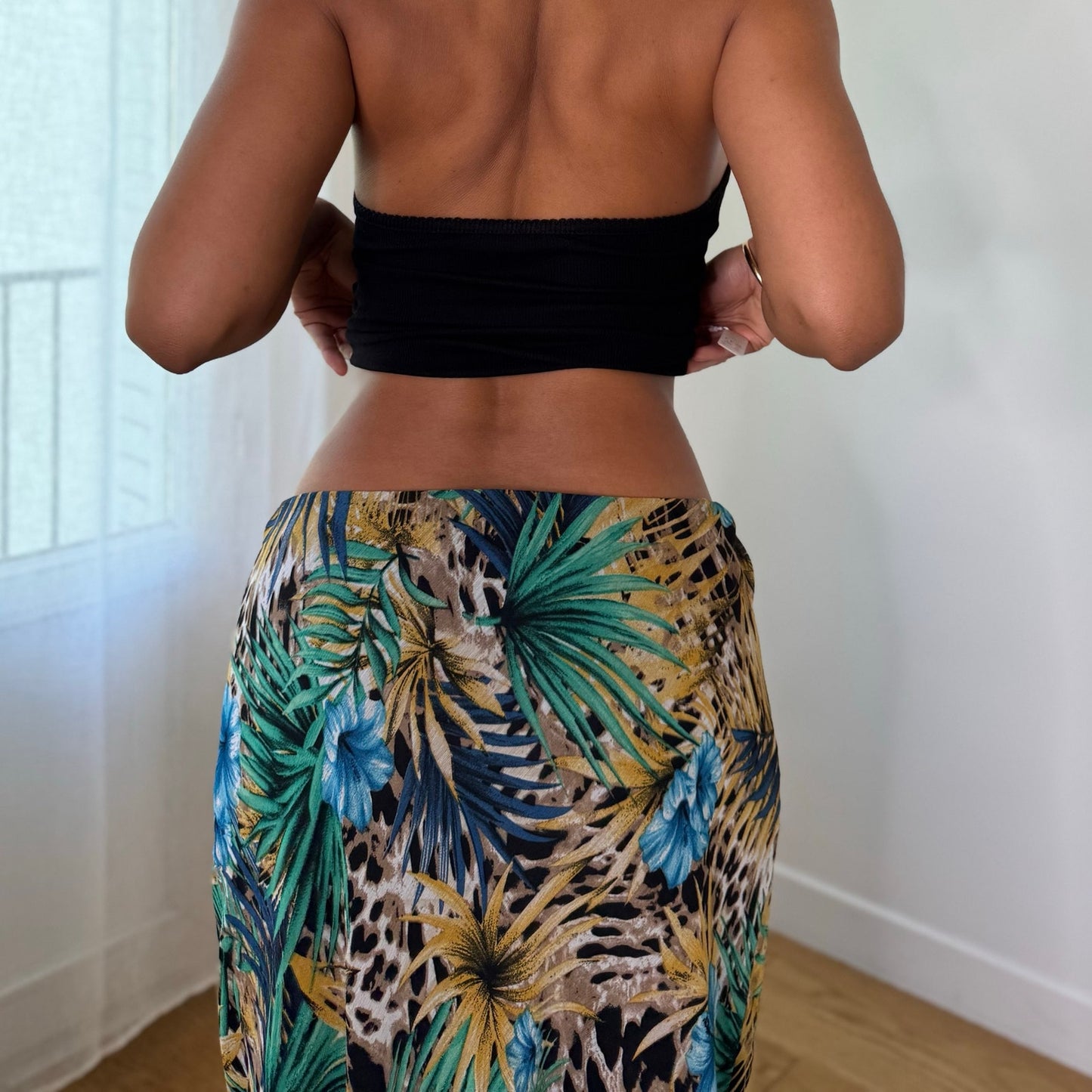 Vintage Green Blue Brown Tropical Animal Print Mesh Midi Skirt Euro Y2K (S)