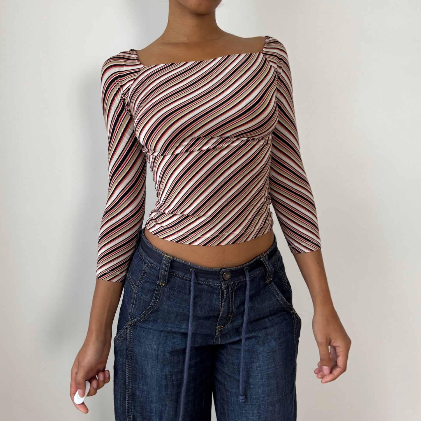Vintage Italian Diagonal-Stripe Slinky Square-Neck Top (XS/S)
