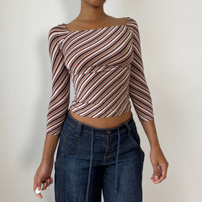 Vintage Italian Diagonal-Stripe Slinky Square-Neck Top (XS/S)