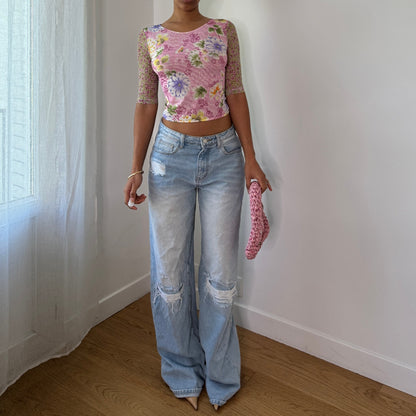 Vintage La Perla Floral Mesh Top Designer Y2K Sheer Stretch Top (S) ⠀