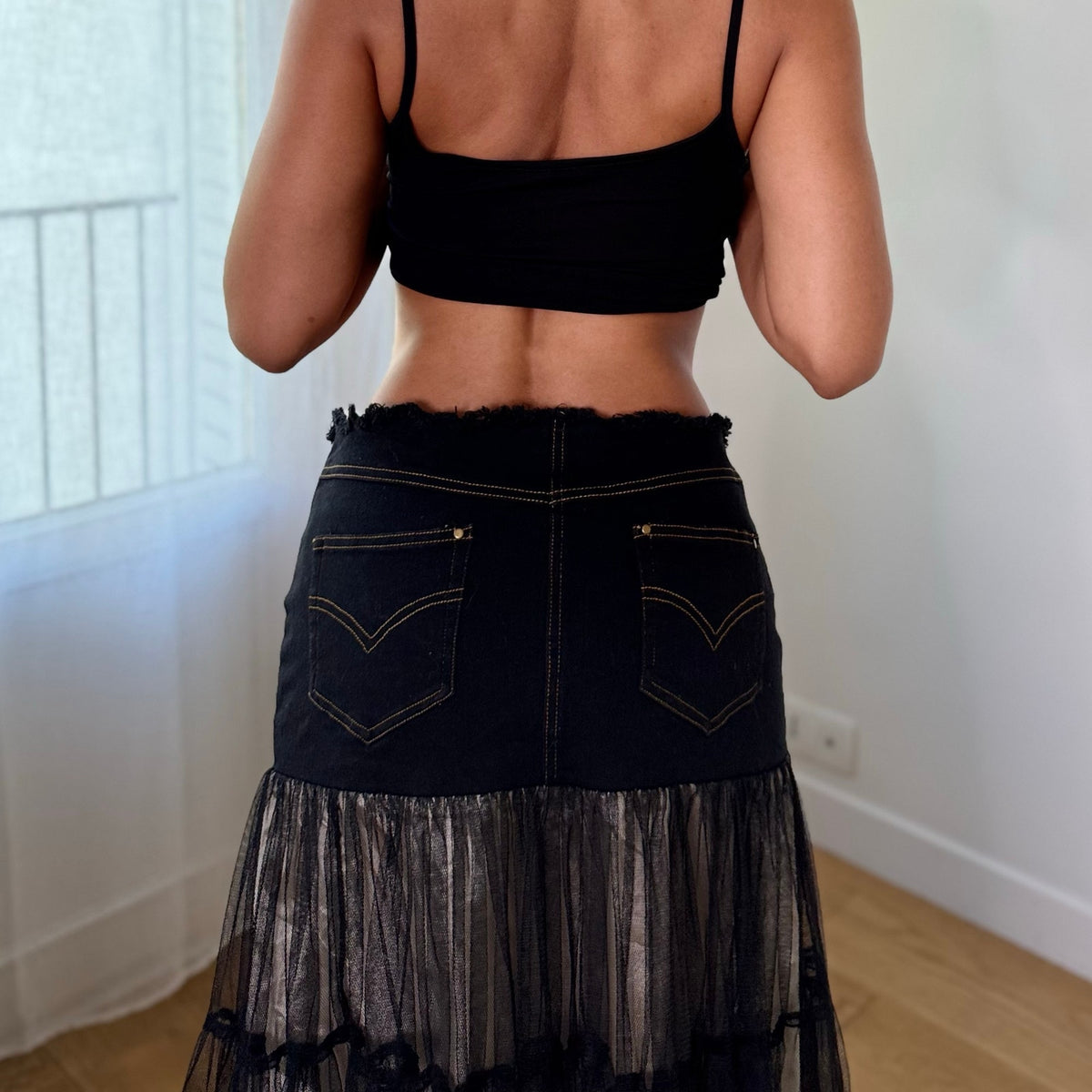 Vintage Black Tiered Sheer Mesh Denim Waist Maxi Skirt (S)