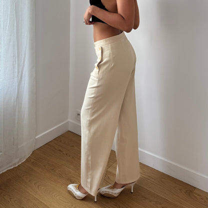 Vintage Cream Straight Leg Trousers Button Detail Y2K French (S)