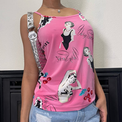 Vintage 00s baby pink pin up & cherry graphic cami tank (S/M)