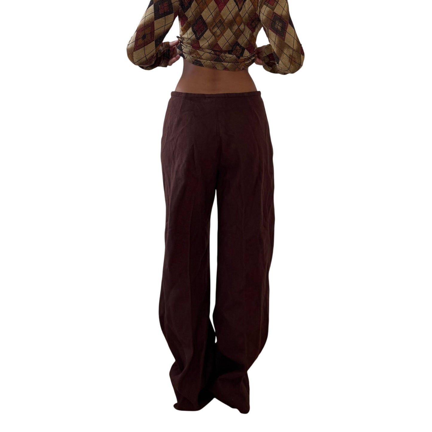 Vintage Italian chocolate brown wide-leg trousers with embroidered front details (S/M)