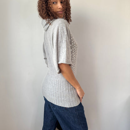 Vintage Italian Grey Sequin Embellished Knit Turtleneck Sweater Wool Angora Blend (S/M)