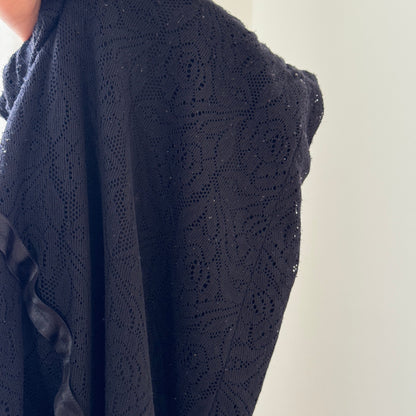 Vintage Euro black lace asymmetric flounce skirt with satin trim (Small)