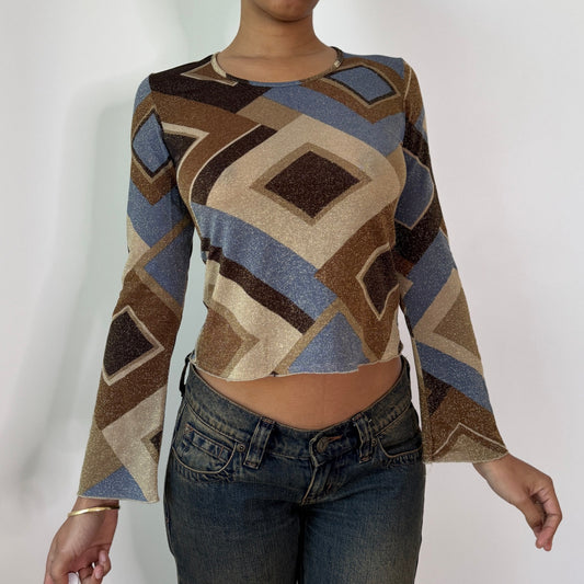 Vintage Brown Blue Geometric Glitter Mesh Top Bell Sleeve Italian Y2K Top (S) ⠀