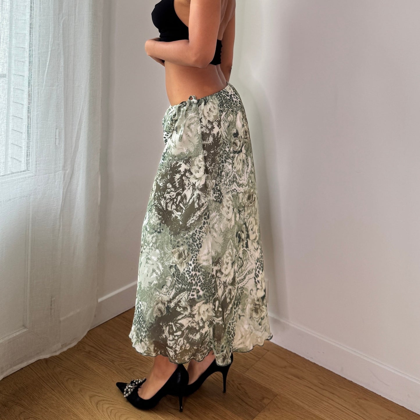 Vintage Sage Floral Mesh Midi Skirt Y2K Tie Side Fairy Skirt (S/M) ⠀
