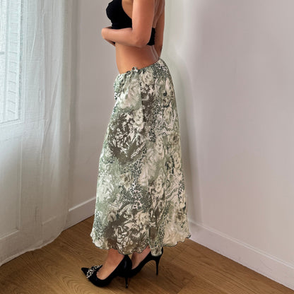 Vintage Sage Floral Mesh Midi Skirt Y2K Tie Side Fairy Skirt (S/M) ⠀