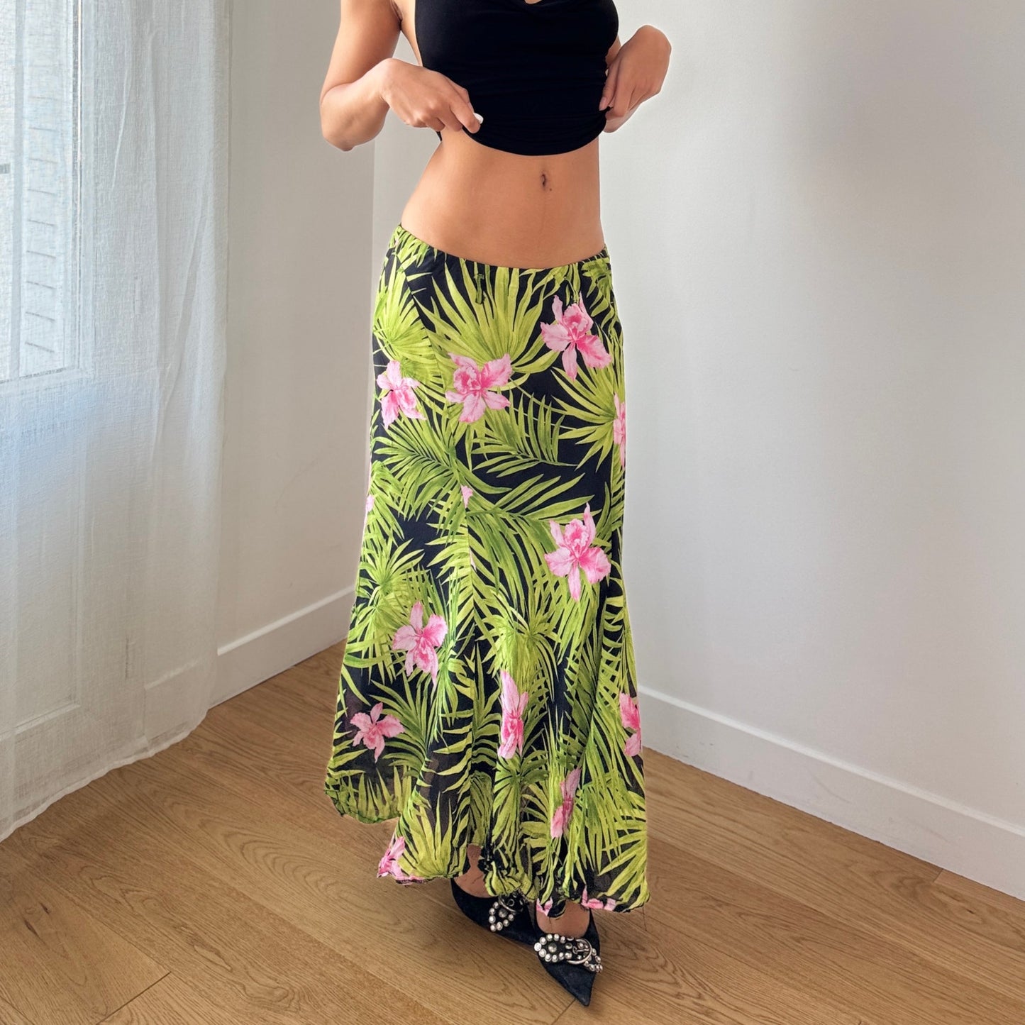 Vintage Italian Tropical Floral Mesh Maxi Skirt Green Pink Y2K (S)