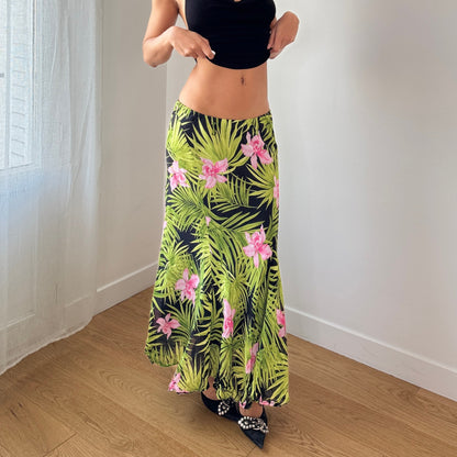 Vintage Italian Tropical Floral Mesh Maxi Skirt Green Pink Y2K (S)