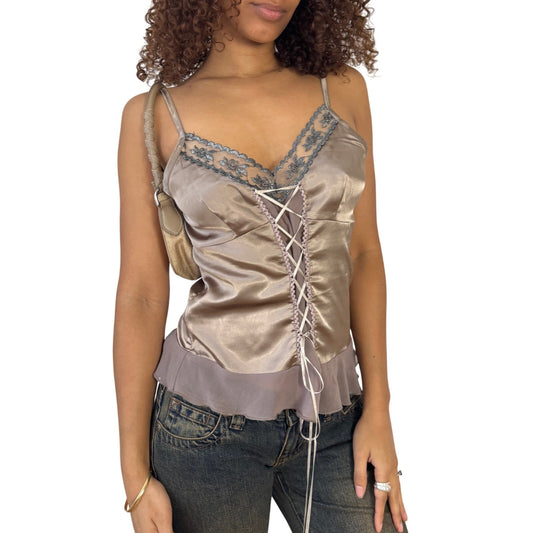 Vintage champagne satin lace-up corset cami with embroidered trim (S/M)
