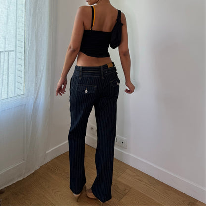 Vintage Dark Blue Pinstripe Low Rise Straight Leg Jeans Y2K (S)