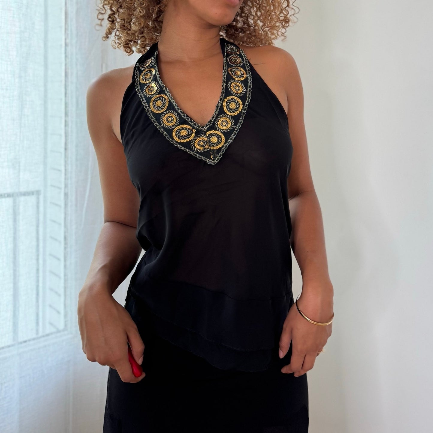 Vintage Black Gold Embroidered Sequin Halter Top Italian Y2K (S)